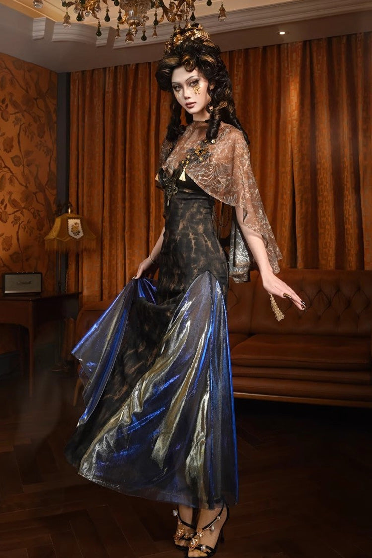 Black Gilded European Style V Collar Sleeveless Print Ruffle Lace Slim Gothic Lolita Jsk Dress - Product - 2