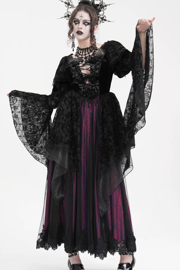Black/Purple Crochet Long Sleeves Hanayome Lace Women's Gothic Dress - Product - 9