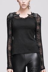Black Sexy Transparent Spiderweb Back Mesh Long Sleeves Punk Women T-Shirt - Black - 1