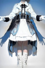 White/Blue Gradient Print Ruffle Cardigan Pearl Sweet College British Knight Style Handsome Lolita Dress Set - Product - 6