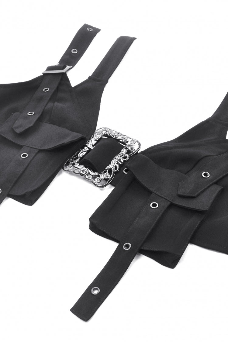 Black Halterneck Buckled Women's Punk Utility Vest - Product - 15