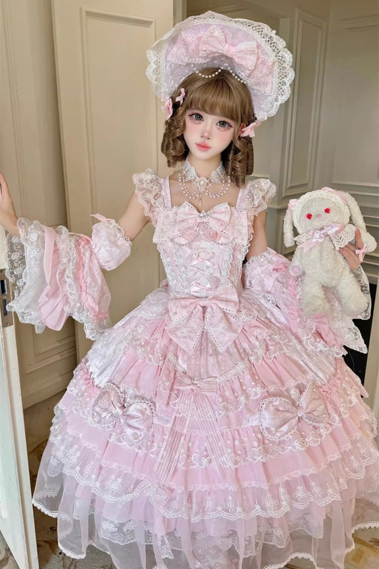 Pink [Prelude of Spring] Sleeveless Multi-Layered Ruffled Bow Lace Sweet Princess Lolita Jsk Dress - Product - 9
