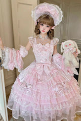 Pink [Prelude of Spring] Sleeveless Multi-Layered Ruffled Bow Lace Sweet Princess Lolita Jsk Dress - Product - 9