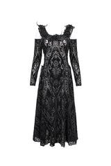 Black Off Shoulder Ruffled Flocked Print Long Women's Gothic Dress - Product - 6