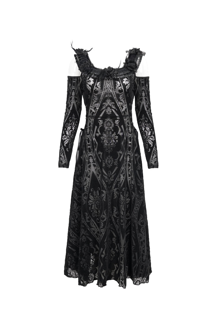 Black Off Shoulder Ruffled Flocked Print Long Women's Gothic Dress - Product - 6