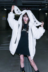 White Rabbit Ears Long Sleeves Hooded Punk Jirai Kei Coat - White - 1
