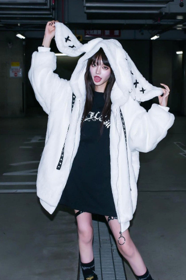 White Rabbit Ears Long Sleeves Hooded Punk Jirai Kei Coat - White - 1