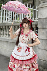Red [Bear Strawberry Ode] Print Short Sleeves Double-Layered Ruffle Bowknot Sweet Princess Lolita Jsk Dress - Product - 5