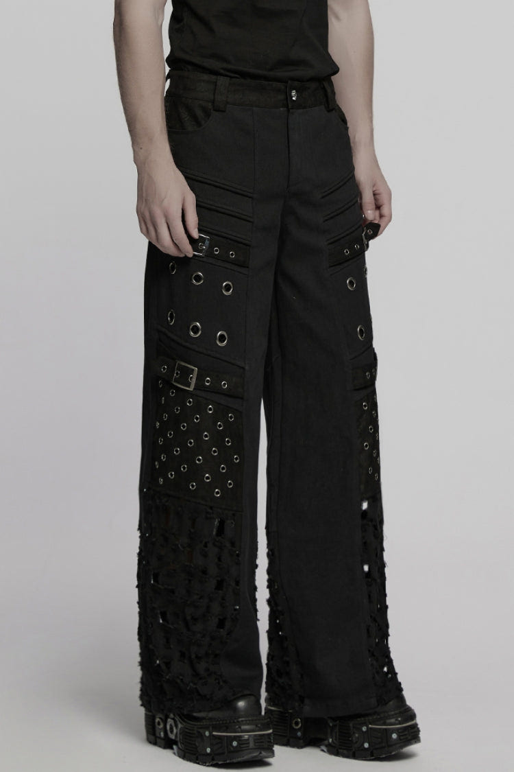 Black Eyelet Ripped Men's Punk Straight Pants - Product - 2