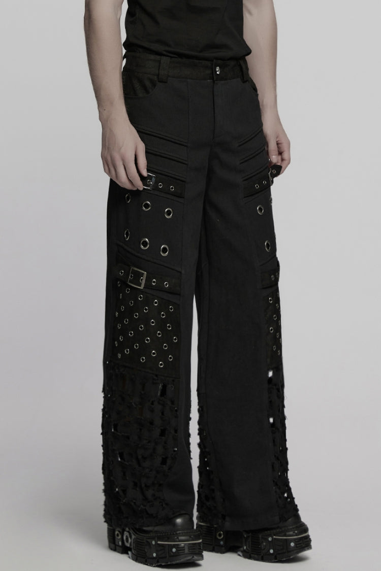 Black Eyelet Ripped Men's Punk Straight Pants - Product - 2