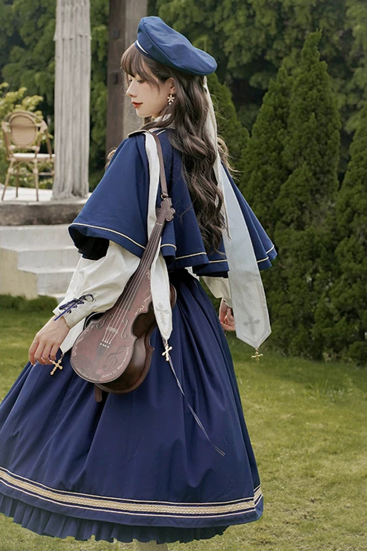 Blue [Choir] Sleeveless Ruffled Lace-Up Classic Military Preppy Style Lolita Bustier Dress Set - Product - 5