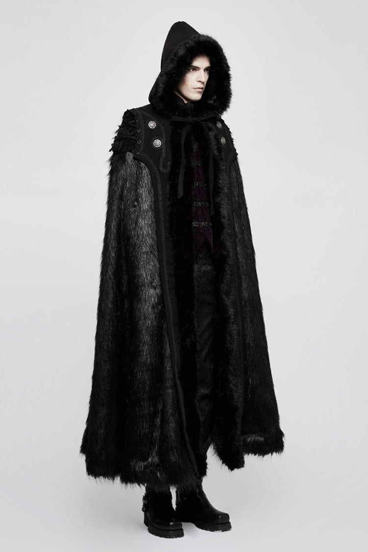 Black Hooded Long Fur Mens Gothic Cloak - Product - 2