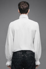 White Ruffled Lace Button-Up Micro-bullet Chiffon Long Sleeve Men's Gothic Shirt - Product - 7
