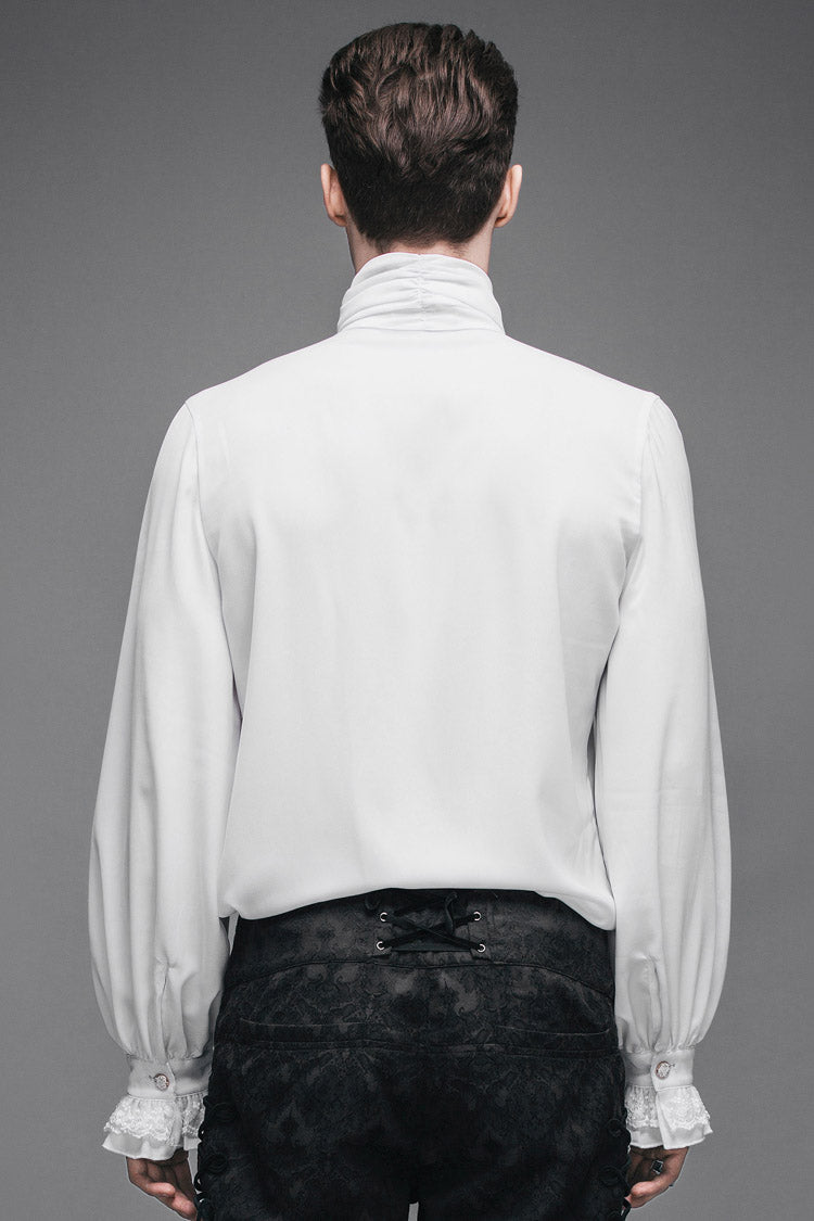 White Ruffled Lace Button-Up Micro-bullet Chiffon Long Sleeve Men's Gothic Shirt - Product - 7