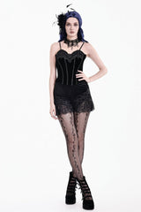 Black Women's Gothic Floral Embossed Velvet Shorts with Sheer Lace Trim - Product - 8