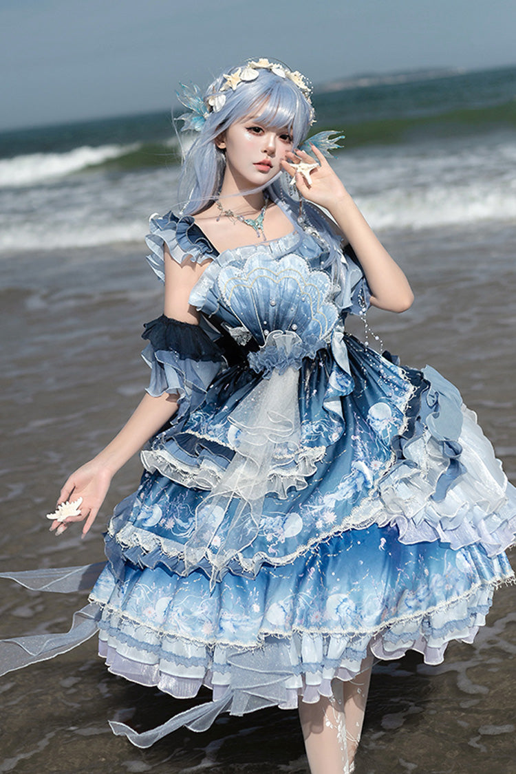 Blue [Jellyfish] Gradient Print Ruffle Embroidery Bowknot Lace Asymmetric Sweet Elegant Lolita Jsk Dress - Product - 9