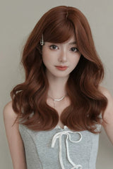 Sunset Orange Brown Natural Fluffy Medium Length Curly Sweet Lolita Wig with Side Bangs - Product - 6
