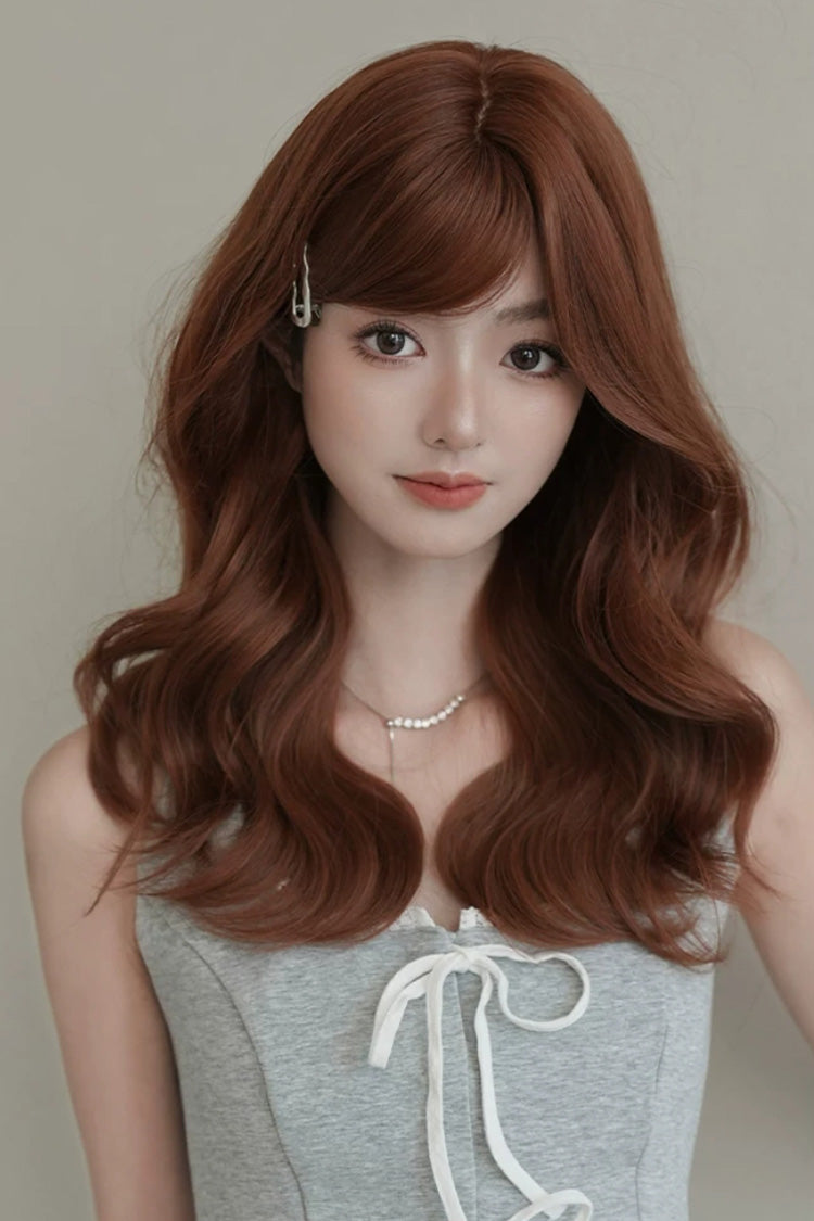 Sunset Orange Brown Natural Fluffy Medium Length Curly Sweet Lolita Wig with Side Bangs - Product - 6