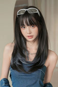 Multi-Color Clear Water Blue Highlights Full Bangs Long Straight Lolita Wig front view