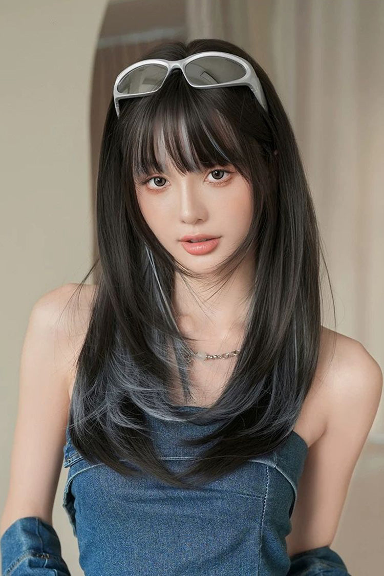 Multi-Color Clear Water Blue Highlights Full Bangs Long Straight Lolita Wig - Multi-Color - 1