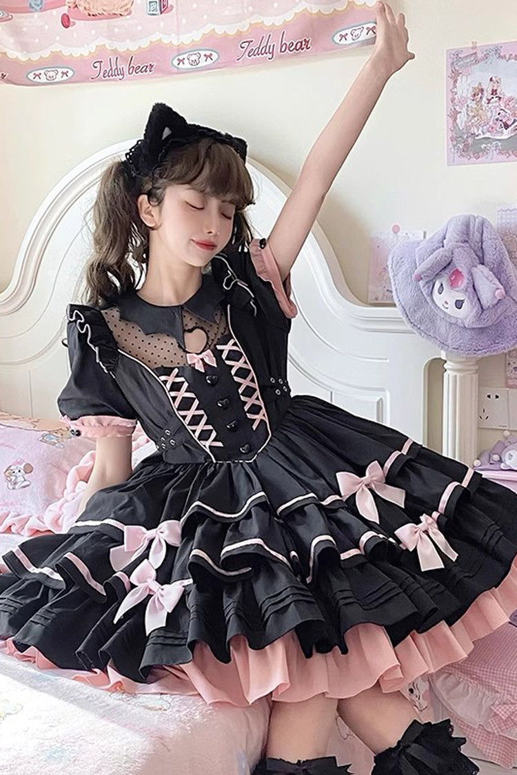 Black/Pink Short Sleeves Multi-layer Ruffle Bowknot Sweet Lolita Dress - Product - 3