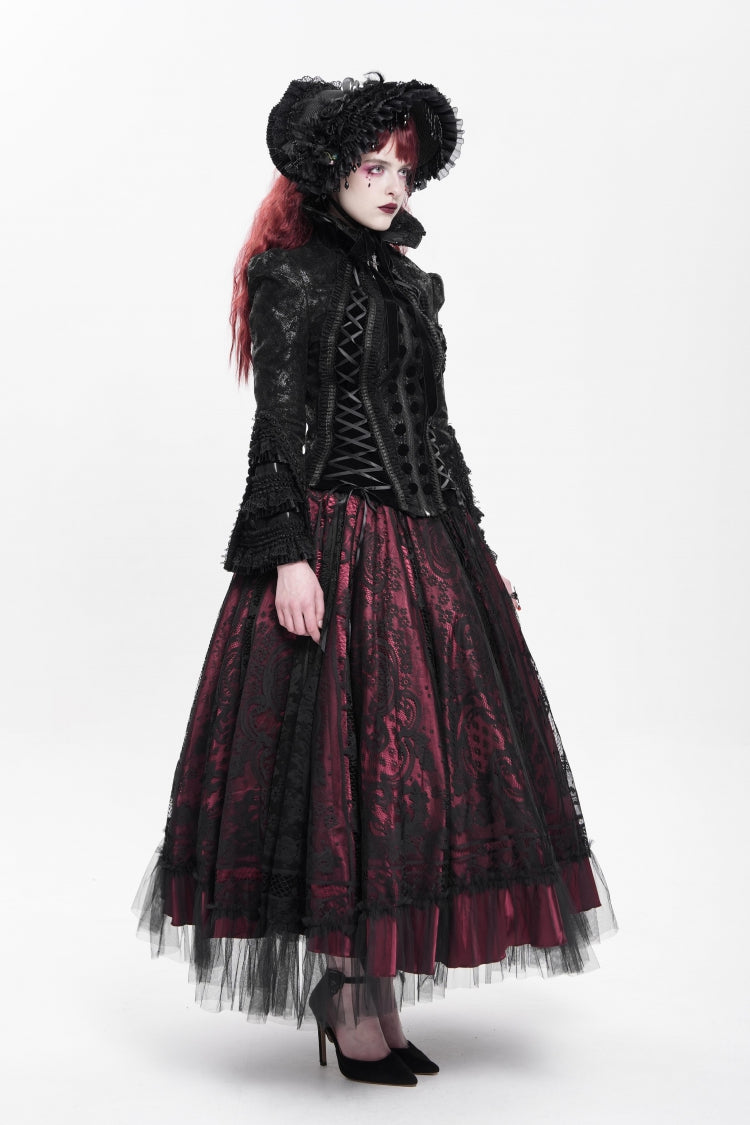 Black Lapel Collar Long Trumpet Sleeves Ruffle Lace-Up Zipper Women's Gothic Jacket - Product - 6