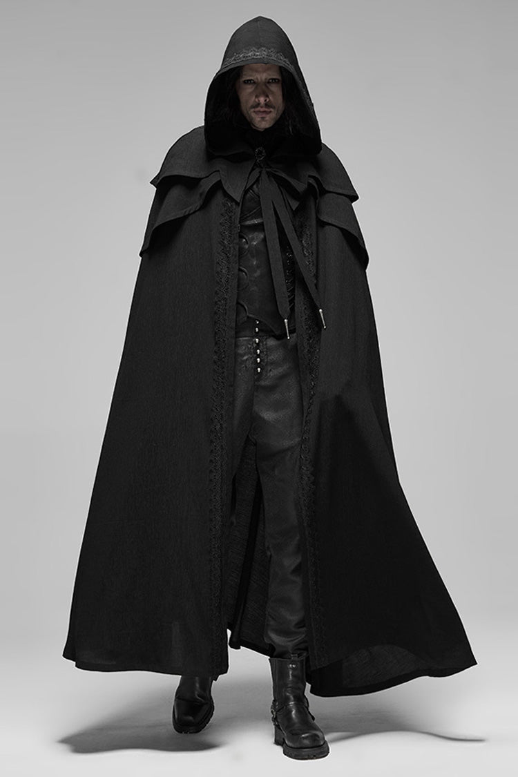 Black Punk Multilayer Lace Decoration Frenulum Simple Hooded Long Men's Cloak - Product - 2