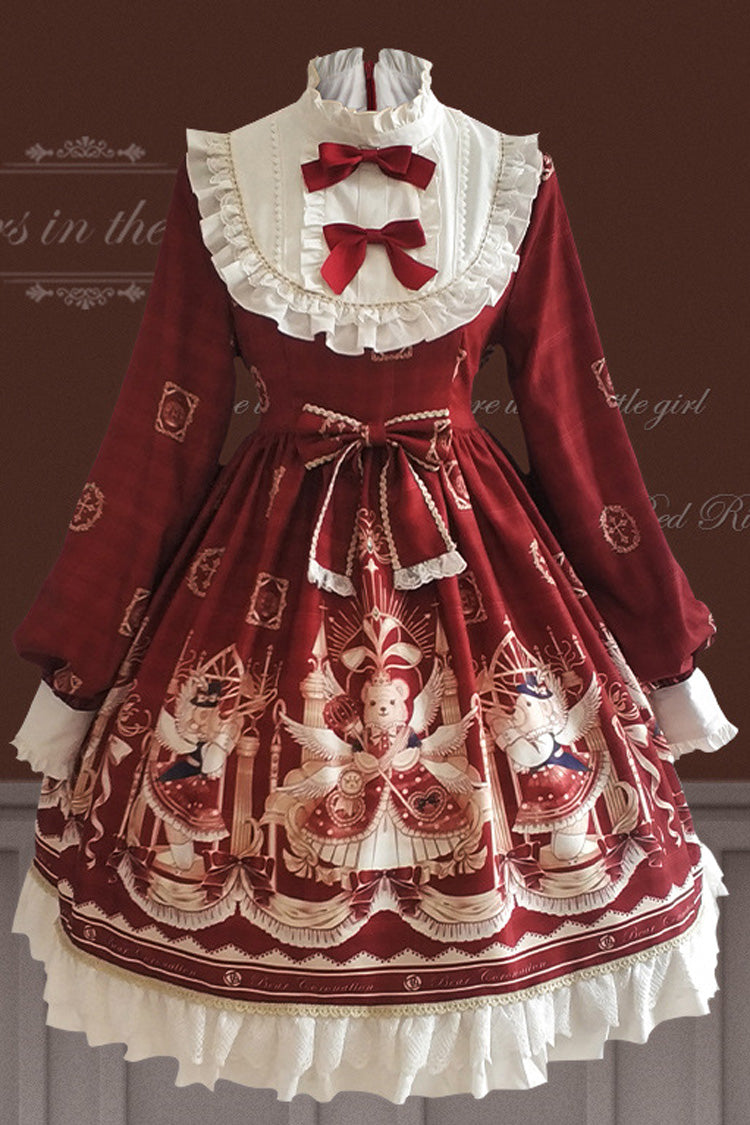 Doll Collar Lantern Long Sleeves Stitching Bear Paradise Print Ruffled Hanayome Sweet Lolita Op Dress - Red - 1