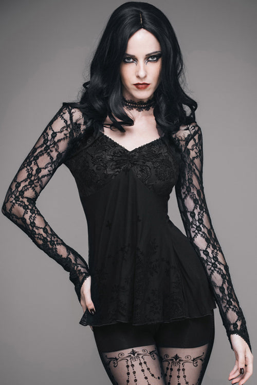 Black Sexy V Neck Mesh Long Sleeves Rose Lace Bottoming Women Gothic T-Shirt - Product - 4