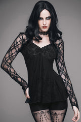 Black Sexy V Neck Mesh Long Sleeves Rose Lace Bottoming Women Gothic T-Shirt - Product - 4
