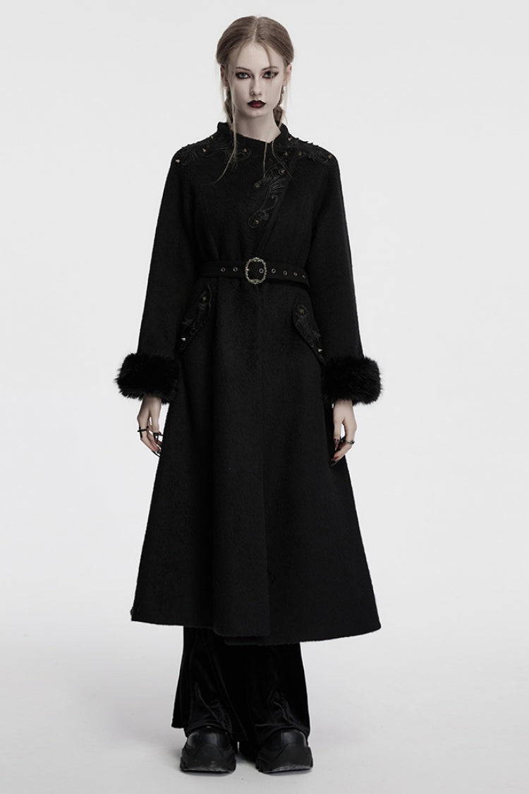 Black Long Sleeves Studded Floral Embroidery Faux Fur Stitching Women's Gothic Coat - Black - 1
