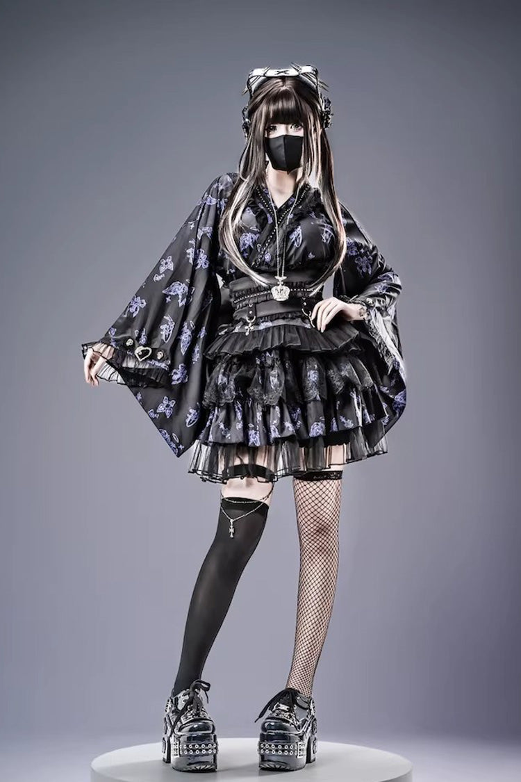Jirai Kei Long Sleeves Printed Ruffled Lace Studded Gothic Japanese Top and Skirt Set 3 Colors - Product - 13