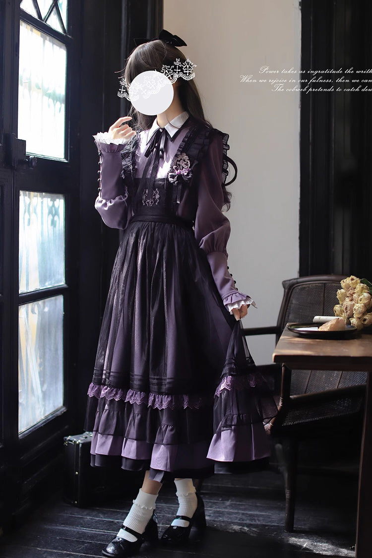Black [Witch Academy] Double-Layered Ruffle Embroidery Bowknot Mesh Sweet Elegant Lolita Jumper Dress - Product - 6