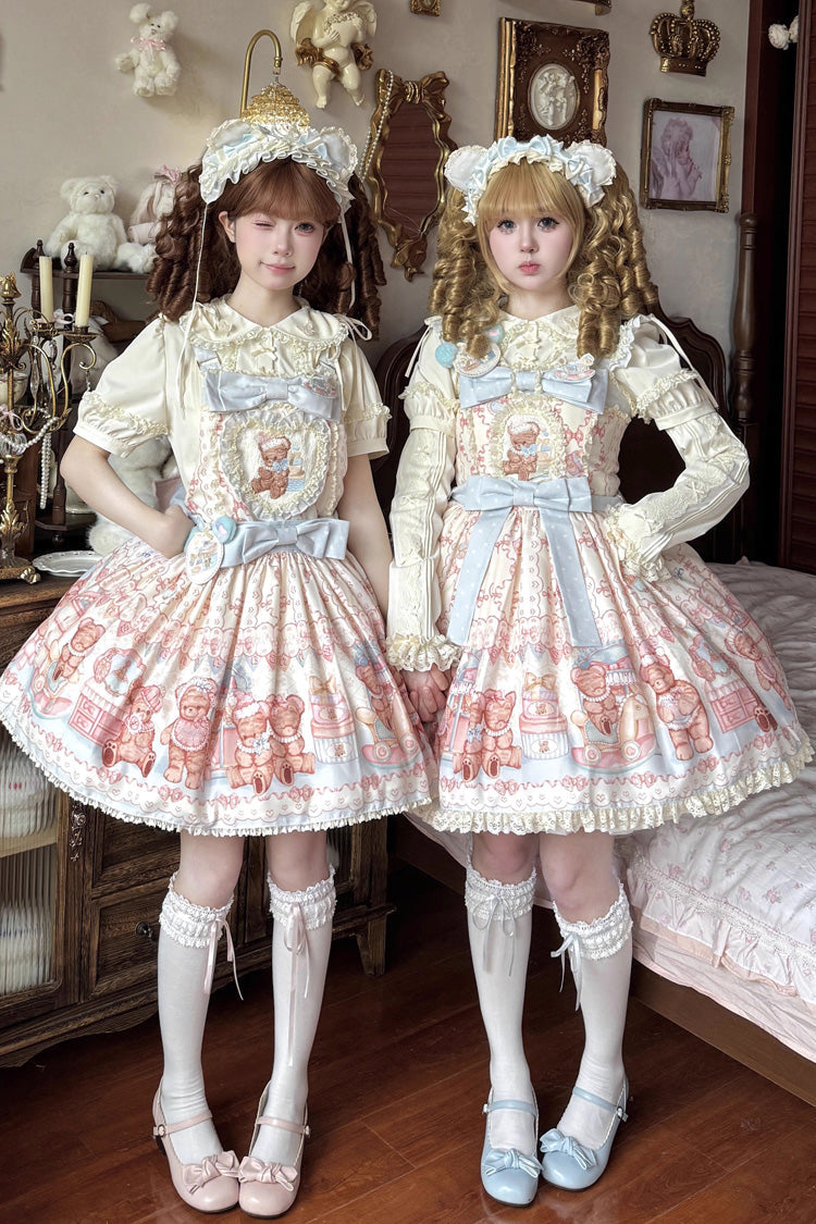 [Bear Anniversary Celebration] Sleeveless Printed Ruffled Bow Sweet Lolita Jsk Dress 2 Colors - Yellow/Pink - 6