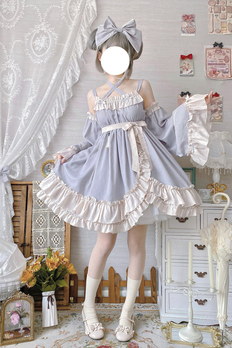 Grey [Monet Estate] Sleeveless High Waisted Ruffle Bowknot Asymmetric Sweet Lolita Jsk Dress - Grey - 1