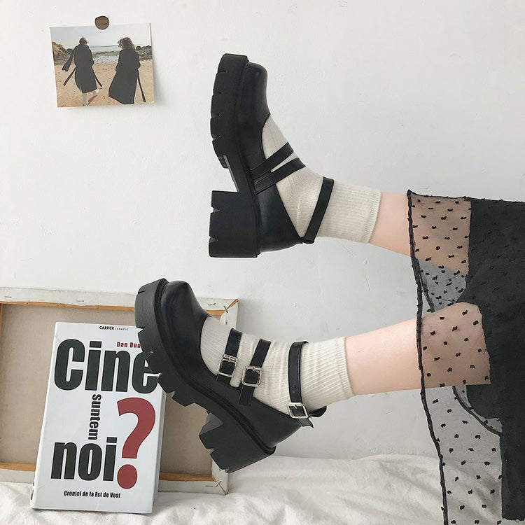 Black Metallic Buckle Platform Black Sweet Lolita Shoes - Product - 5