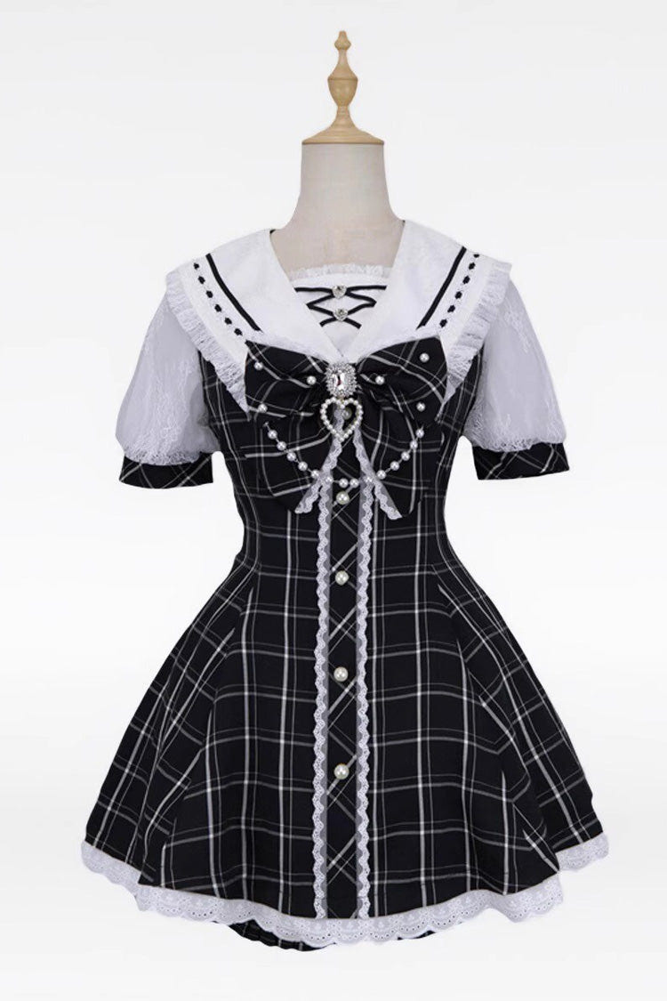 Sweet Short Sleeves Print Bowknot Jirai Kei Japanese Dress Set 3 Colors - Black - 2