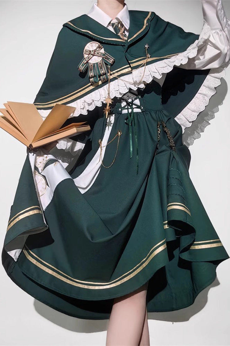 Green Time Traveler Print College Style Sweet Lolita Strap Dress 4 Piece Set - Product - 8