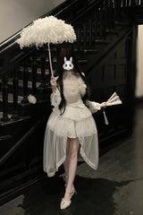 White [First Snow] Long Sleeves Lace Irregular Sweet Lolita Skirt Three-piece Set - Product - 7