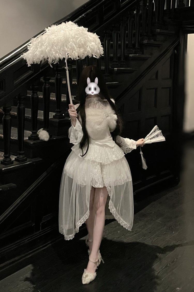 White [First Snow] Long Sleeves Lace Irregular Sweet Lolita Skirt Three-piece Set - Product - 7