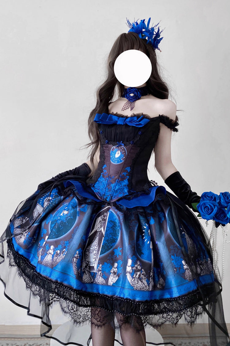 Blue [Dark Moon Corridor] Print Embroidery Gothic Lolita Dress Skirt - Product - 8