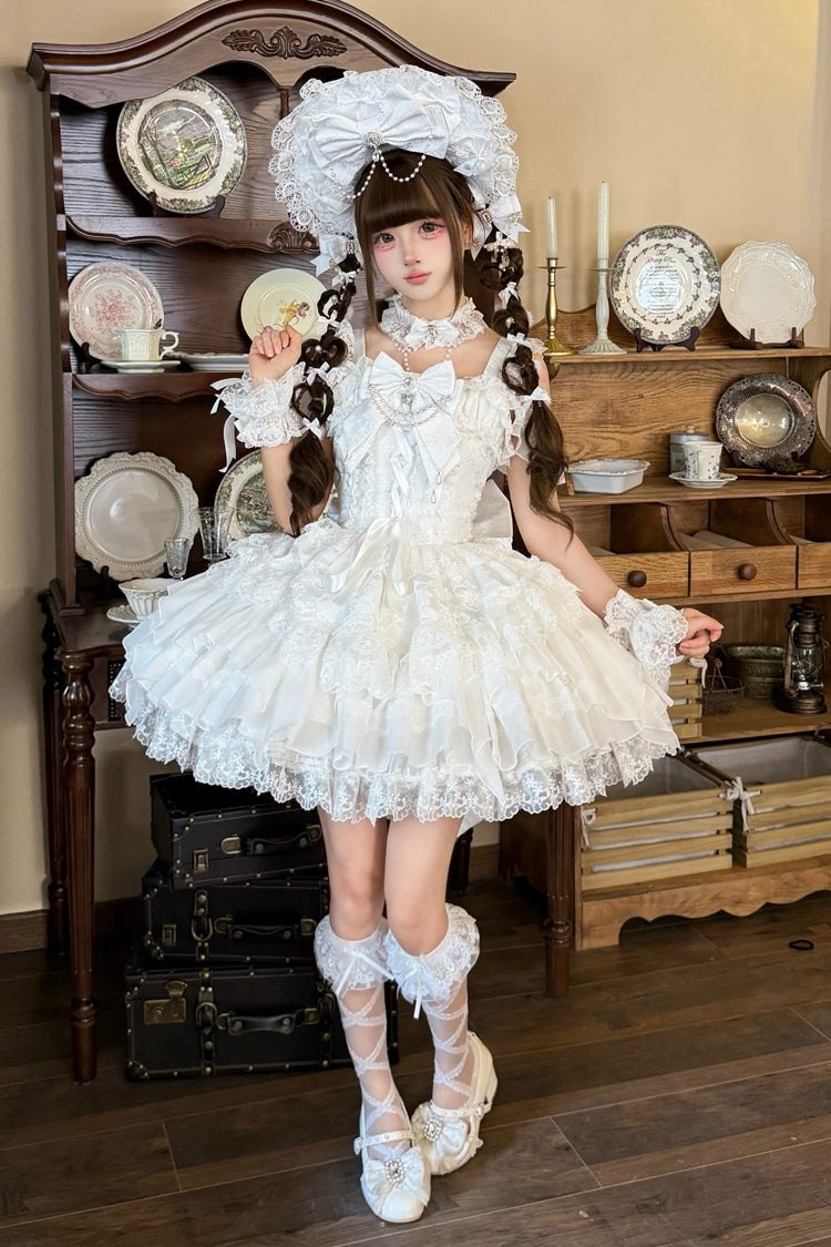White [Pearl Ballet] Square Collar Sleeveless Multi-Layered Ruffled Bow Lace-Up Pearl-Decorated Sweet Ballet Lolita Jsk Dress - Product - 6