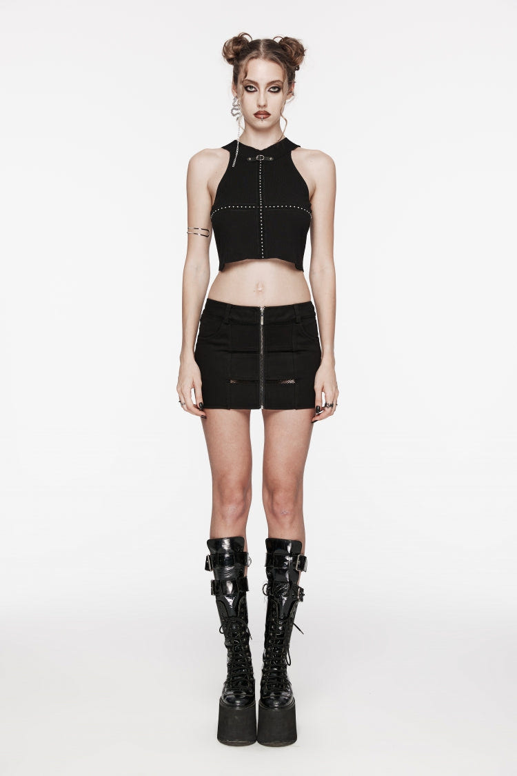 Black Patchwork Slim Fit Mesh Zippered Eyelet Women's Punk Cool Skirt - Product - 7