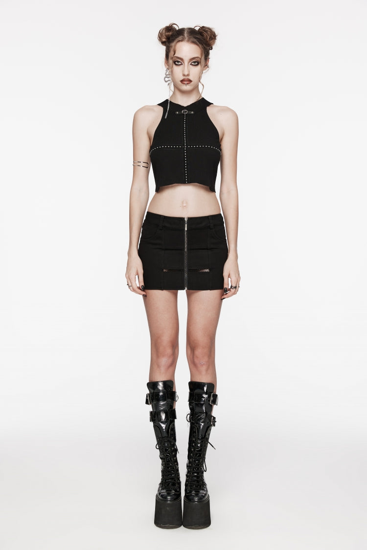 Black Patchwork Slim Fit Mesh Zippered Eyelet Women's Punk Cool Skirt - Product - 7