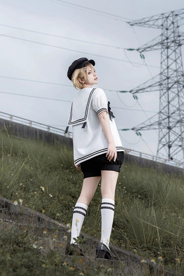 Black/White [Old Stories] Navy Collar Short Sleeves Bowknot Ouji Gothic Lolita Blouse Shorts Set - Product - 9