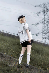 Black/White [Old Stories] Navy Collar Short Sleeves Bowknot Ouji Gothic Lolita Blouse Shorts Set - Product - 9