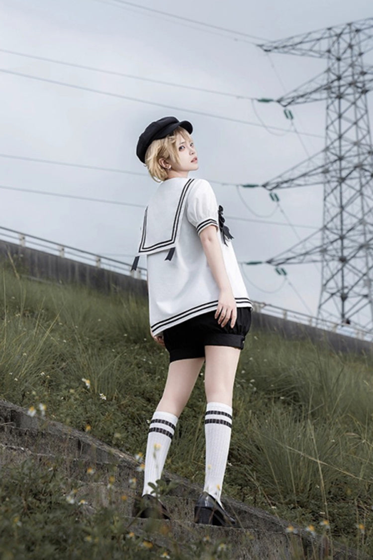 Black/White [Old Stories] Navy Collar Short Sleeves Bowknot Ouji Gothic Lolita Blouse Shorts Set - Product - 9