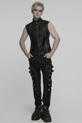 Black Stand Collar Stitching Mesh Men's Punk Vest - Product - 4