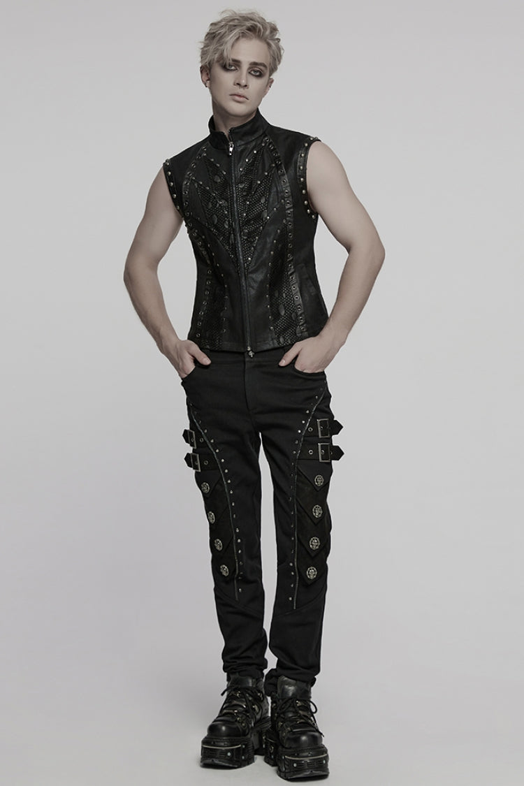 Black Stand Collar Stitching Mesh Men's Punk Vest - Product - 4