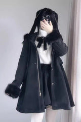 Plush Lop Rabbit Long Sleeves Hooded Detachable Sweet Jirai Kei Lolita Coat 2 Colors - Black - 1